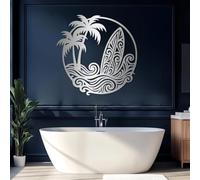 Metal Black Palm Surfboard Wall Art, Metal Tropical Beach Wall Art Decor, Bathroom Indoor Artwork Decoration for Living Room, Bedroom Hallway and Stairs Nature Home Decor (Black 28"