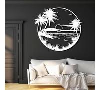 Metal Black Palm Tree Beach Wall Art, Metal Coastal Sunset Tropical Wall Art Decor, Palm Tree Artwork Decoration Modern Sculpture for Living Room,Bedroom Hallway and Stairs Decor (White 28L
