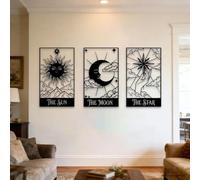 Metal Black Tarot Celestial Wall Art, Metal Sun Moon Star Mystical Art Wall Decor, Tarot Celestial Artwork Decoration Modern Sculpture for Living Room,Bedroom Hallway and Stairs Decor (Black