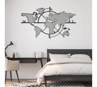 Metal Black World Map Compass Wall Art, Metal Continent Wall Art Decor, Map Artwork Decoration Modern Sculpture for Living Room,Bedroom Hallway Home Decor(Black 53L x 31W)
