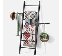 Metal Blanket Ladder, 7-Tier Towel Rack with Ajustable Side Rack, Blanket Rack Stand for Living Room, Bathroom, Quilt Display Ladder Shelf, Farmhouse Black