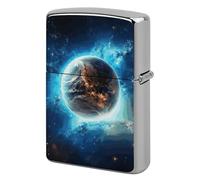 Metal Blue Earth in The Space Lighter Case Windproof Flip Top Lighter Sleeve Double Sided Vintage Cool Cigarette Pouch Holder Reusable Pocket Protective Cover Men Gifts for Boyfriend Husband