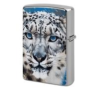 Metal Blue Eyed Snow Leopard Lighter Case Windproof Flip Top Lighter Sleeve Double Sided Vintage Cool Cigarette Pouch Holder Reusable Pocket Protective Cover Men Gifts for Boyfriend Husband