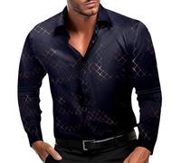 Metal Boxing Men's Long Sleeve Lapel Casual Striped Cardigan Party Shirt Tops Winter Turtleneck, A-Navy Military, L