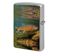 Metal Brook Trout Fly Fishing Lighter Case Windproof Flip Top Lighter Sleeve Double Sided Vintage Cool Cigarette Pouch Holder Reusable Pocket Protective Cover Men Gifts for Boyfriend Husband