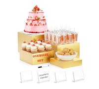 Metal Buffet Risers,4PCS OVERSIZED Food Risers for Buffet Table 8''X9''10''X11'' Display Stand with Mini Acrylic Signs for Catering Dessert Collectibles Jewelry Figures Show Gold Cube Boxes Nesting