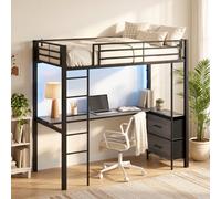 Metal Bunk Bed with Desk, High Sleeper with LED Light and Safety Guardrail