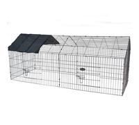 Metal cage run enclosure with a gabled roof