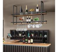 Metal Ceiling Wine Rack, 2-Layer Industrial Hanging Wine Bottle Holder + Stemware Glass Shelf, Display Wine Storage Holder, for Bar Cafe Kitchen