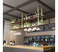 Metal Ceiling Wine Rack, 2-Layer Industrial Hanging Wine Bottle Holder + Stemware Glass Shelf, Display Wine Storage Holder, For Bar Cafe Kitchen