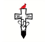 Metal Cemetery Memorial Plaque for Remembrance, Memorial Plaques for Outdoors Cardi-nals with Cross Heart Accent, Miss You Script Outdoor Grave Decorations for Loss of Loved One