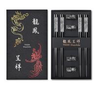 Metal Chopsticks Reusable 18/8 Stainless Steel Chopsticks Chinese Dragon and Phoenix Cho psticks with Holder Chinese Traditional Stylish Gift Set (4 Pairs-Blcak)