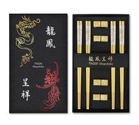 Metal Chopsticks Reusable 18/8 Stainless Steel Chopsticks Chinese Dragon and Phoenix Chop Sticks with Holder Chinese Traditional Stylish Gift Set (4 Pairs-Gold)