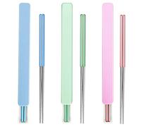 Metal Chopsticks With Case Reusable Dishwasher Safe Square Lightweight Non-Slip Chop Sticks Portable Chopsticks For Travel Camping Bento Box( 3 Pairs Light Blue+Green+Pink)