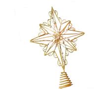 Metal Christmas Tree Finisher Ornament with Star and Snowflake Pattern for Festive Decoration on Tree Tops, Tables, or Walls with Copper Wire Light (F)