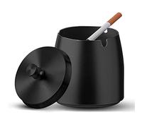 Metal Cigar Ashtray With Lid - Windproof Rainproof Outdoor Cigarette Ash Tray, Modern Stainless Steel Large Deep Unbreakable for House Outside Garden Indoor Home Office Bar (Black)