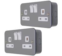 Metal Clad Double Pole Socket 2 Gang 13A Switched with Back Box - Heavy Duty For Garage, Shed, Workshop (2 x Sockets)