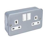Metal Clad INDUSTRIAL SOCKET 13 Amp Double 3 Pin UK Wall Plug Switched Socket - Grey