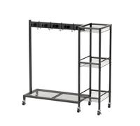 Metal Cleaning Cart with Wheels, Rolling Broom Holder & Cleaning Supplies Organizer with 3-tier Storage Shelf, Janitorial Housekeeping Rack with Hanger Grippers Hooks for Laundry Room Garage Black