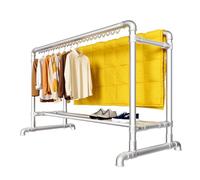Metal Clothes Rack with Double Rod, Heavy Duty Drying Rack for Indoor and Outdoor Use, Space Saving Laundry Solution with Windproof Hooks