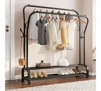Metal Clothes Rail Clothing Rack with Double Hanging Rails, Free Standing Garment Display Coat Stand for Bedroom, w/ 4 Side Hooks and 2-Tier Lower Storage Shelf Black