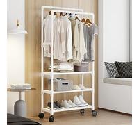 Metal Clothes Rail, Heavy Duty Clothes Rack on Wheels Portable with Double Hanging Clothing and 3 Tier Shoe Rack, Free Standing Rails to Hang Clothes for Bedroom (White)