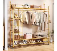 Metal Clothes Rail On Wheels, Gold Clothes Rack With 4 Hooks, Heavy Duty Clothes Rack With 6 Storage Shelves, Clothes Hanger Stand With Shoe Rack, For Bedroom, Living Room innovate