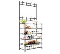 Metal Coat Rack Stand Clothes Rail Stand with Shoe Rack, Multifunctional Hallway Organize Corner Hall Tree, for Home Hallway Closet Bedroom Living Room Bathroom(Black,5-Tier)