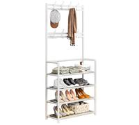 Metal Coat Rack Stand Clothes Rail Stand with Shoe Rack, Multifunctional Hallway Organize Corner Hall Tree, for Home Hallway Closet Bedroom Living Room Bathroom(White,5-Tier)