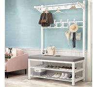 Metal Coat Rack Stand with Shoe Bench, Modern Coat Tree with 10 Hooks and 2-Tier Shoe Rack, Lots of Storage Space, 4 in 1 Entryway Hall Tree with Storage Bench, Easy to Assemble (White, 100X33X170CM)
