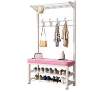 Metal Coat Rack with Bench 7 11 Hooks Shoe Storage Shelf Entryway Furniture for Bedroom Hallway Living Room White Powder 100CM Size
