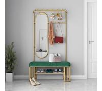 Metal Coat Rack with Shoe Bench and Hook, Multifunctional Entry Bench with Coat Rack, Free Standing Coat Tree, With mirror，Easy to Assemble for Living Room, Hallway