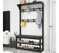 Metal Coat Rack with Shoe Bench, Modern Industrial Entryway Coat Tree with 11 Hooks and 2-Tier Shoe Rack, 4 in 1 Hall Tree for Hallway Living Rooms, Easy to Assemble, 100X30X172CM