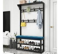 Metal Coat Rack with Shoe Bench, Modern Industrial Entryway Coat Tree with 11 Hooks and 2-Tier Shoe Rack, 4 in 1 Hall Tree for Hallway Living Rooms, Easy to Assemble, 100X30X172CM