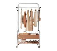 Metal Coat Rack with Storage Basket & Shoe Shelf Movable Freestanding Clothes with Wheels Multi Layer Hanging Rack for Coats Skirts and Accessories