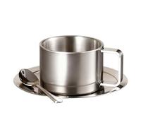 Metal Coffee Cups | 200ml Double Wall Insulated Cup with Spoon | Spill Proof Tea Cup and Saucer Set | for Outdoor Garden Yard Balcony Picnic Camping Golf Party Home Kitchen Whiskey Beer Tea Drinking