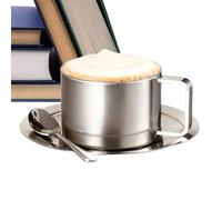 Metal Coffee Cups - Double Wall Spill Proof Tea Cup with Saucer and Spoon, Compact Home Supplies for Outdoor Garden Park Yard Balcony Golf Picnic Camping Party Coffees Whiskey Beer, Silver