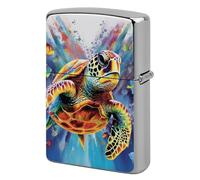 Metal Colorful Sea Turtle Lighter Case Windproof Flip Top Lighter Sleeve Double Sided Vintage Cool Cigarette Pouch Holder Reusable Pocket Protective Cover Men Gifts for Boyfriend Husband