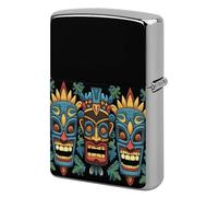 Metal Colorful Tiki Mask Pattern Lighter Case Windproof Flip Top Lighter Sleeve Double Sided Vintage Cool Cigarette Pouch Holder Reusable Pocket Protective Cover Men Gifts for Boyfriend Husband