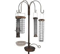 Metal Complete Bird Feeding Station with 4 Large Feeders - 2.4m Hammertone Bronze, includes water dish, bird bath & mealworm tray, fat snax hanger