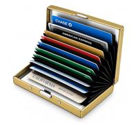 Metal Credit Card Holder, Stainless Steel RFID Wallet for Men | 10-slot capacity. Slim & durable design. Blocks RFID scanning. Keeps cards organized. Gold finish. Great gift.