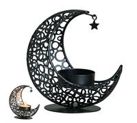 Metal Crescent Moon Candle Holder - Islamic Ramadan Moon Decor Stand, 3D Moons and Stars Ramadan Hollowed Decorative Tea Light Stand, Eid Gift for Muslims, Islamic Decorations (Black)