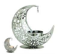 Metal Crescent Moon Candle Holder - Islamic Ramadan Moon Decor Stand, 3D Moons and Stars Ramadan Hollowed Decorative Tea Light Stand, Eid Gift for Muslims, Islamic Decorations (Silvery)