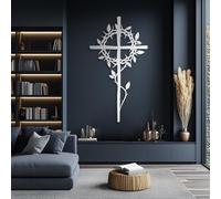 Metal Crown of Thorns Cross Wall Art, Metal Christian Religious Artwork Decoration, Living Room Artwork Home Decor for Living Room,Bedroom Hallway and Stairs Nature Home Decor Gift (Sil