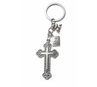 Metal Crucifix Keyring with Holy Bible Charm, Ornate Cross Keychain with Bible and I Love Jesus Charms, Silver Tone Religious Accessory
