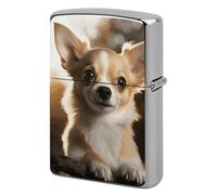 Metal Cute Chihuahua Lighter Case Windproof Flip Top Lighter Sleeve Double Sided Vintage Cool Cigarette Pouch Holder Reusable Pocket Protective Cover Men Gifts for Boyfriend Husband