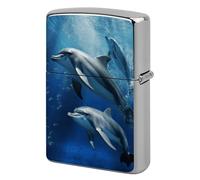 Metal Cute Dolphins Lighter Case Windproof Flip Top Lighter Sleeve Double Sided Vintage Cool Cigarette Pouch Holder Reusable Pocket Protective Cover Men Gifts for Boyfriend Husband