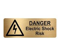 METAL Danger ELECTRIC SHOCK Risk Sign-WITH IMAGE-Brushed Gold Aluminium -Safety Security Door Notice Shop Warehouse School Cafe Restaurant Business Health Safety Electricity Cables Wires