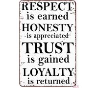 Metal Decor Wall Art Office Decorations Bathroom Respect is Earned Honesty Appreciated Trust Gained Loyalty Returned Inspirational Tin Sign Art Metal Decor Funny Plaque Gift 8x12 inch