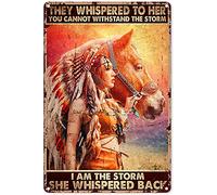 Metal Decorations for Outside Native American Decor for Home Native Girl and Horse I am The Storm Metal Sign Decor Tin Aluminum Sign Wall Art Rustic Metal Poster for Bedroom Living Room 8x12 inch